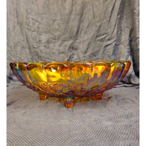 Vintage Marigold Carnival Glass Footed Bowl With Scalloped Edge & Leaf Design 12 - Picture 1 of 8